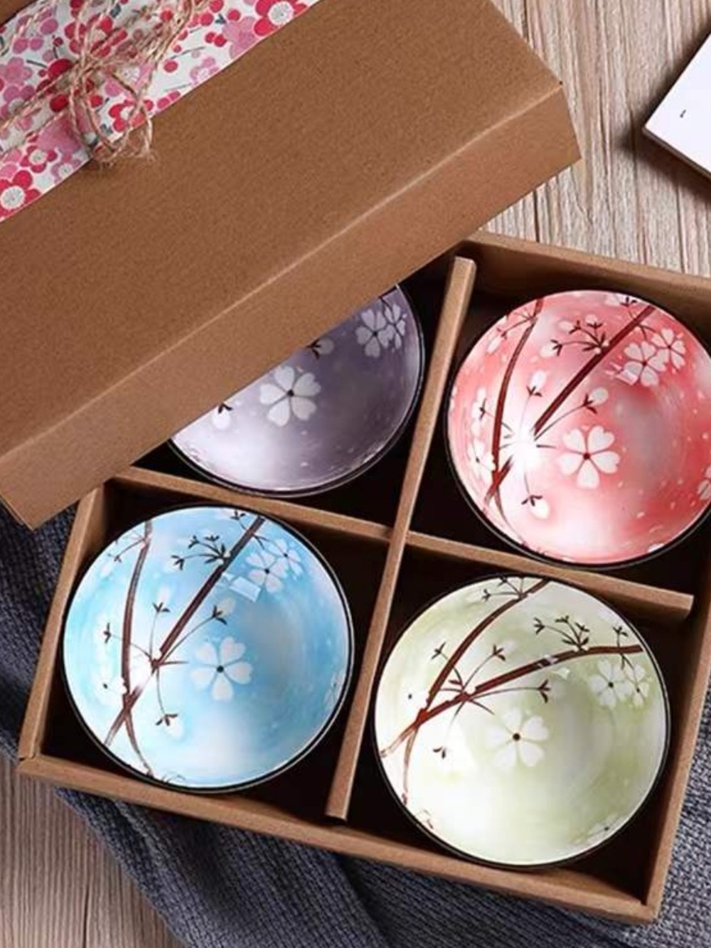 Ceramic Japanese Style Cherry Blossom Rice Bowls Set: Pink, Blue, Purple & Green